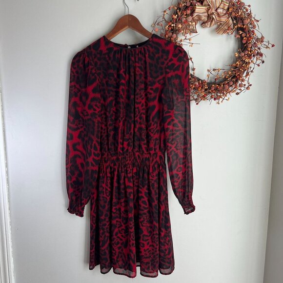 Michael Michael Kors Animal Print Smocked Waist Dress MEDIUM Red Blaze - Picture 1 of 12